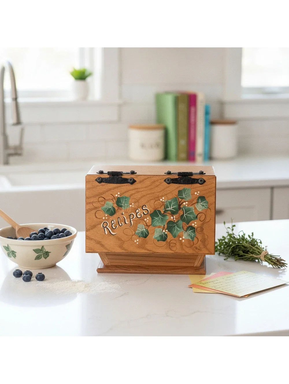 Vintage Wooden Recipe Box with Hand-Painted Ivy Design